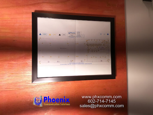Phoenix Communication Solutions network cabling diagram displayed in framed document for Phoenix Defense facility deployment.